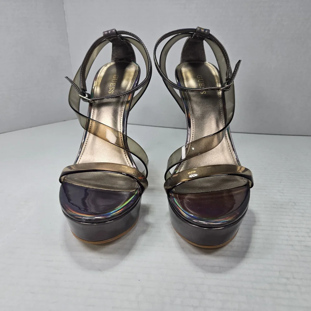 GUESS Casilda Iridescent Strappy Skycraper Stiletto Platform Heels Size 8 1/2 M
